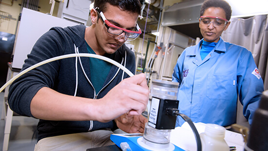 Student and a professor working in the lab.